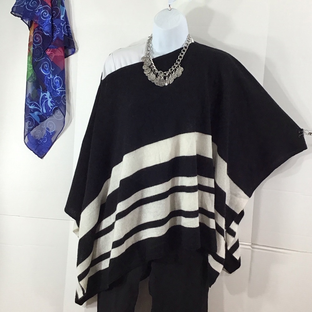 J. Crew Black and White Striped Poncho cashmere/wool blend